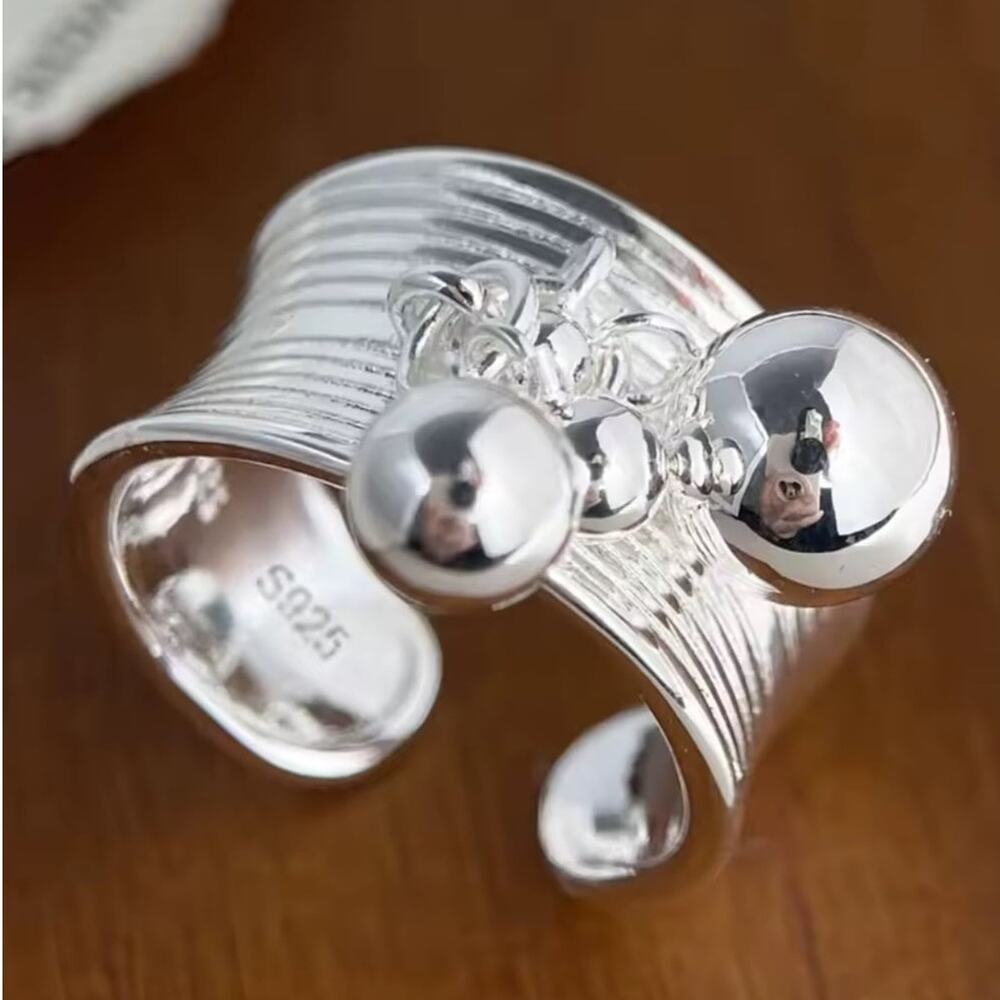 Sterling Silver Plated Adjustable Boho Ball Charm Statement Ring